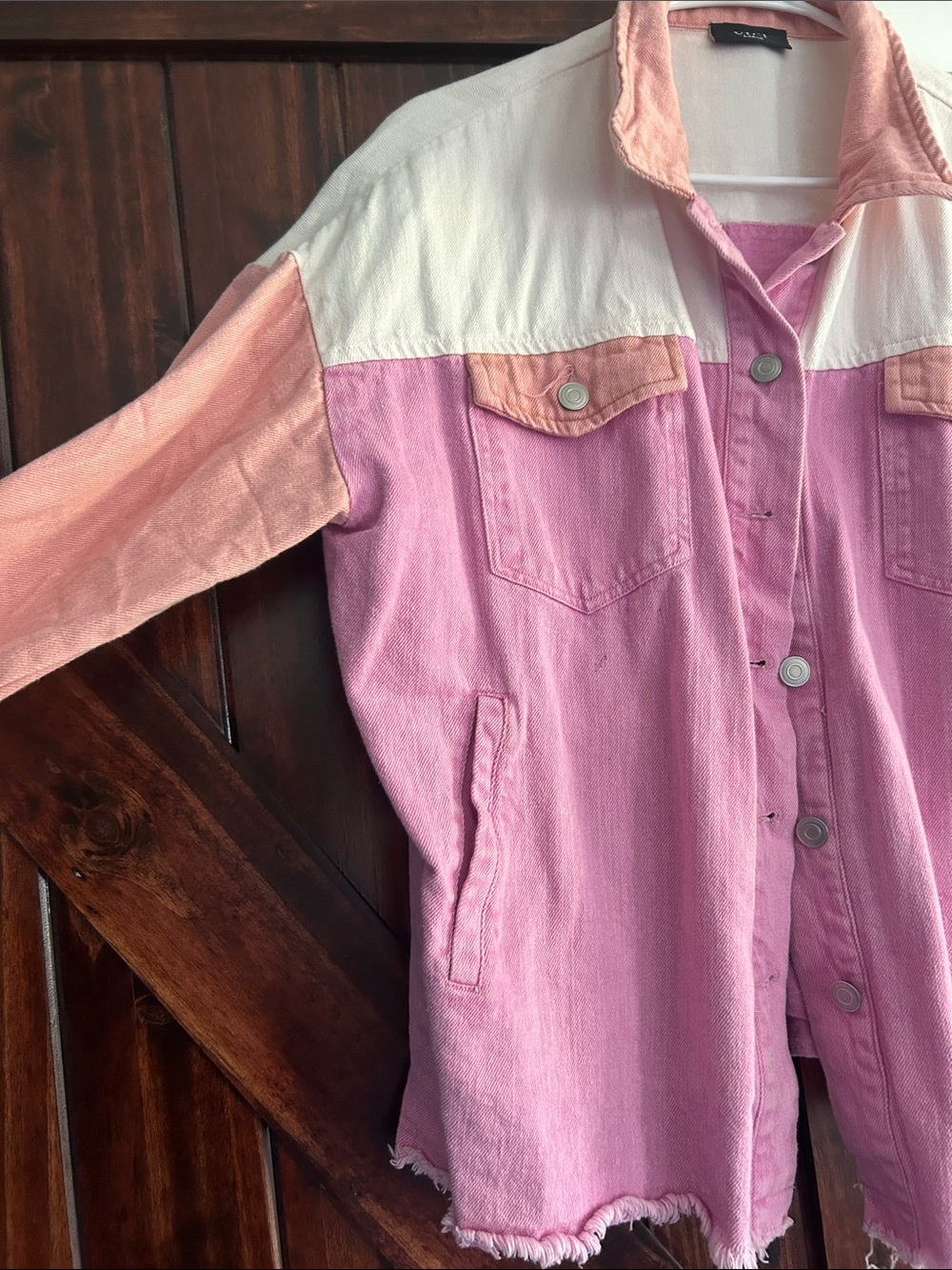 VICI Pink & Peach Colorblock Denim Shacket with White Yoke - Picture 2 of 5